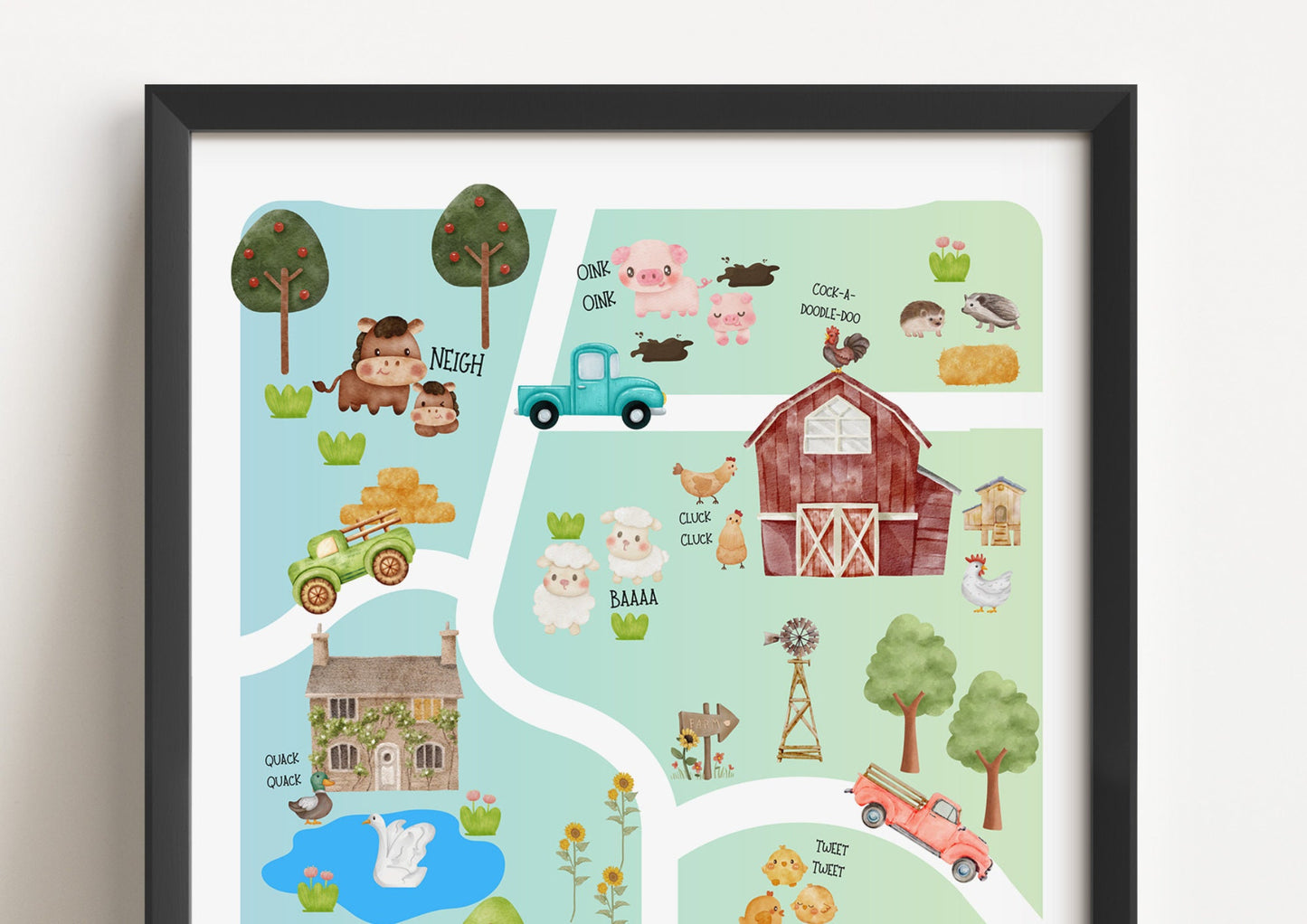 Farm Nursery Map Poster: Watercolor Farm Animals Art