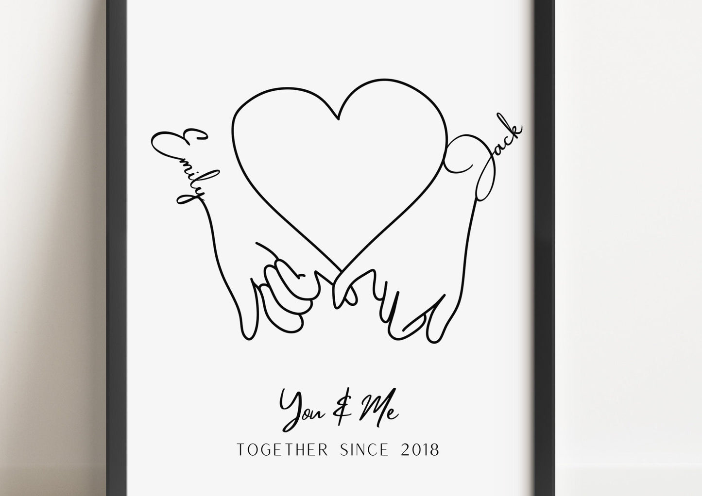 Personalized Couple Hand in Hand Line Art Print with Names and Heart, Custom Anniversary Gift, Minimalist You and Me Wall Decor, Hands Gift