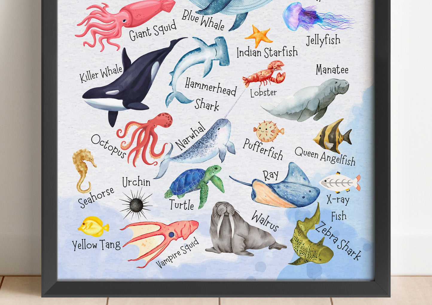 Ocean Alphabet Poster: Watercolour Sea Animals Nursery Art Print