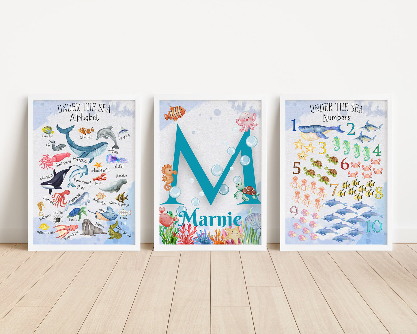 Personalised Ocean Nursery Art: Watercolor Sea Animal Prints, Coastal Kids Decor