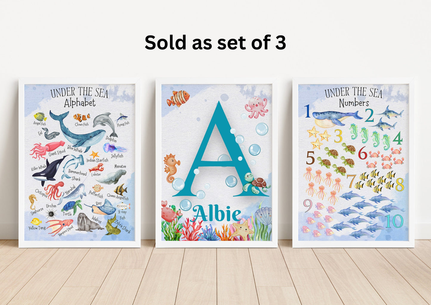 Personalised Ocean Nursery Art: Watercolor Sea Animal Prints, Coastal Kids Decor
