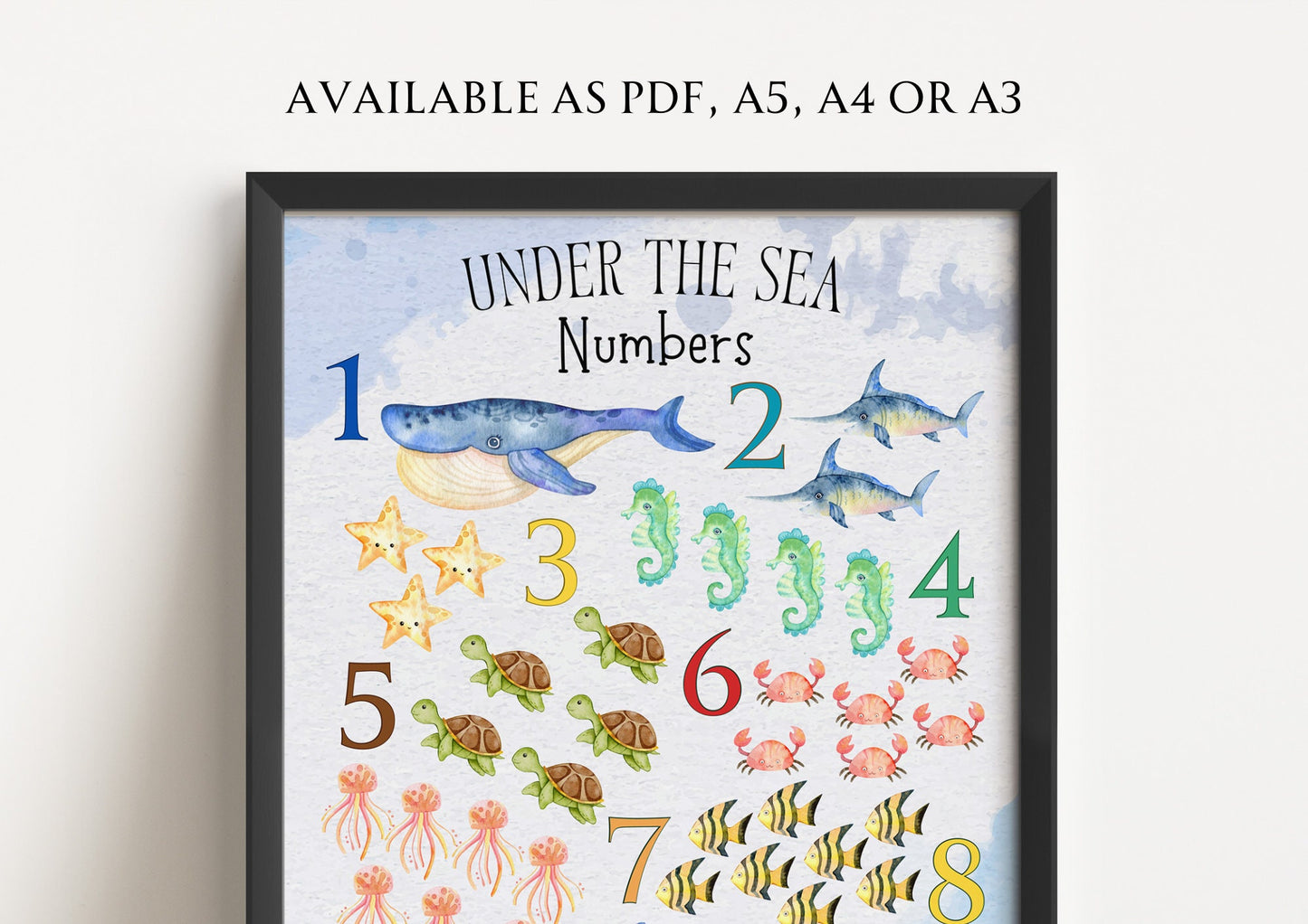 Ocean Numbers Chart: Watercolor Sea Animal Nursery Print