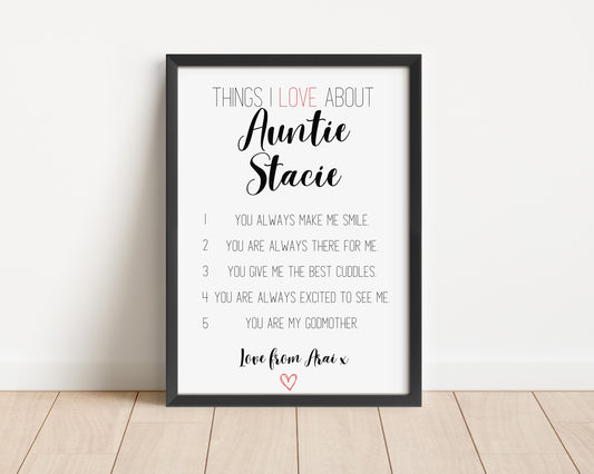 Personalised Auntie Reasons I Love You Print: Sentimental Aunt Gift