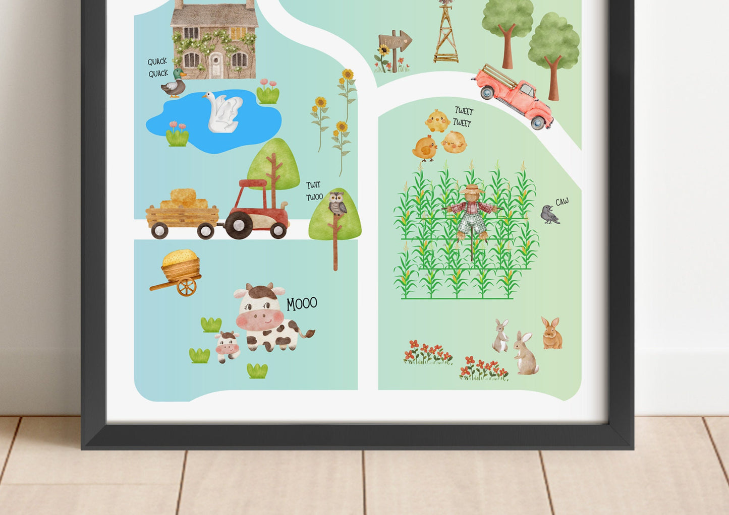 Farm Nursery Map Poster: Watercolor Farm Animals Art
