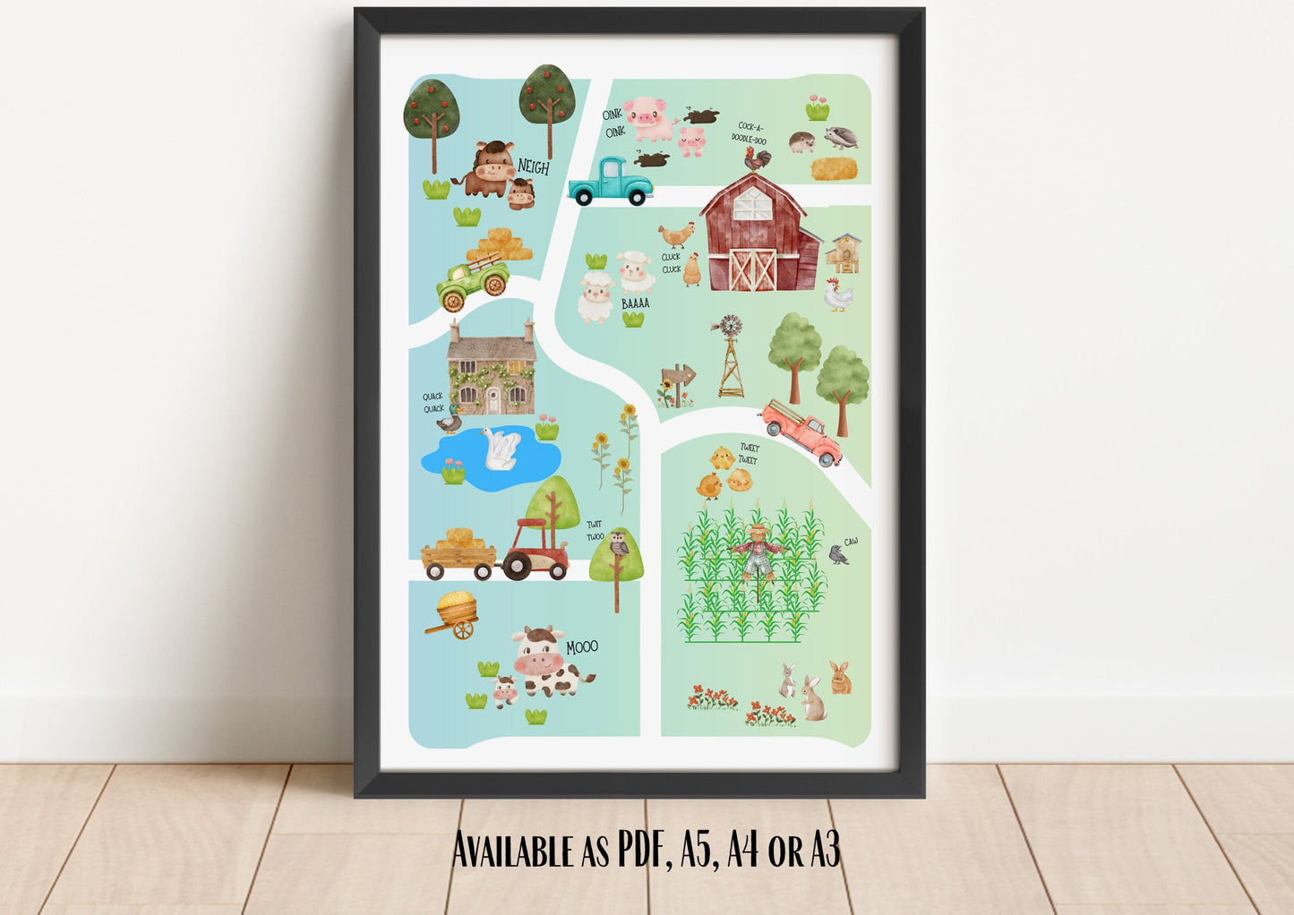 Farm Nursery Map Poster: Watercolor Farm Animals Art