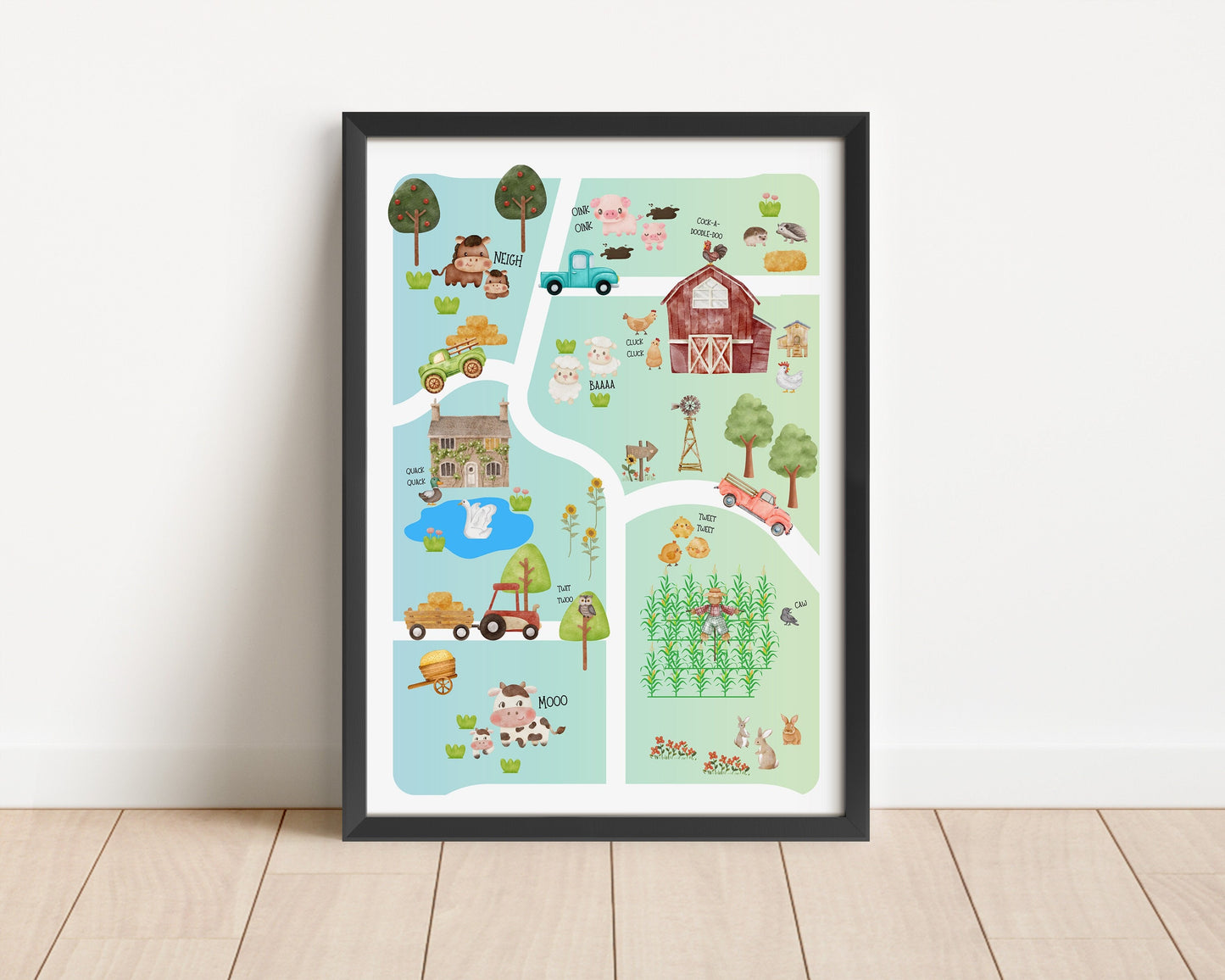 Farm Nursery Map Poster: Watercolor Farm Animals Art