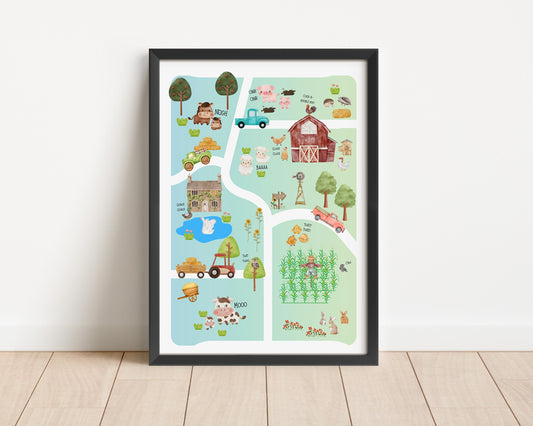 Farm Nursery Map Poster: Watercolor Farm Animals Art