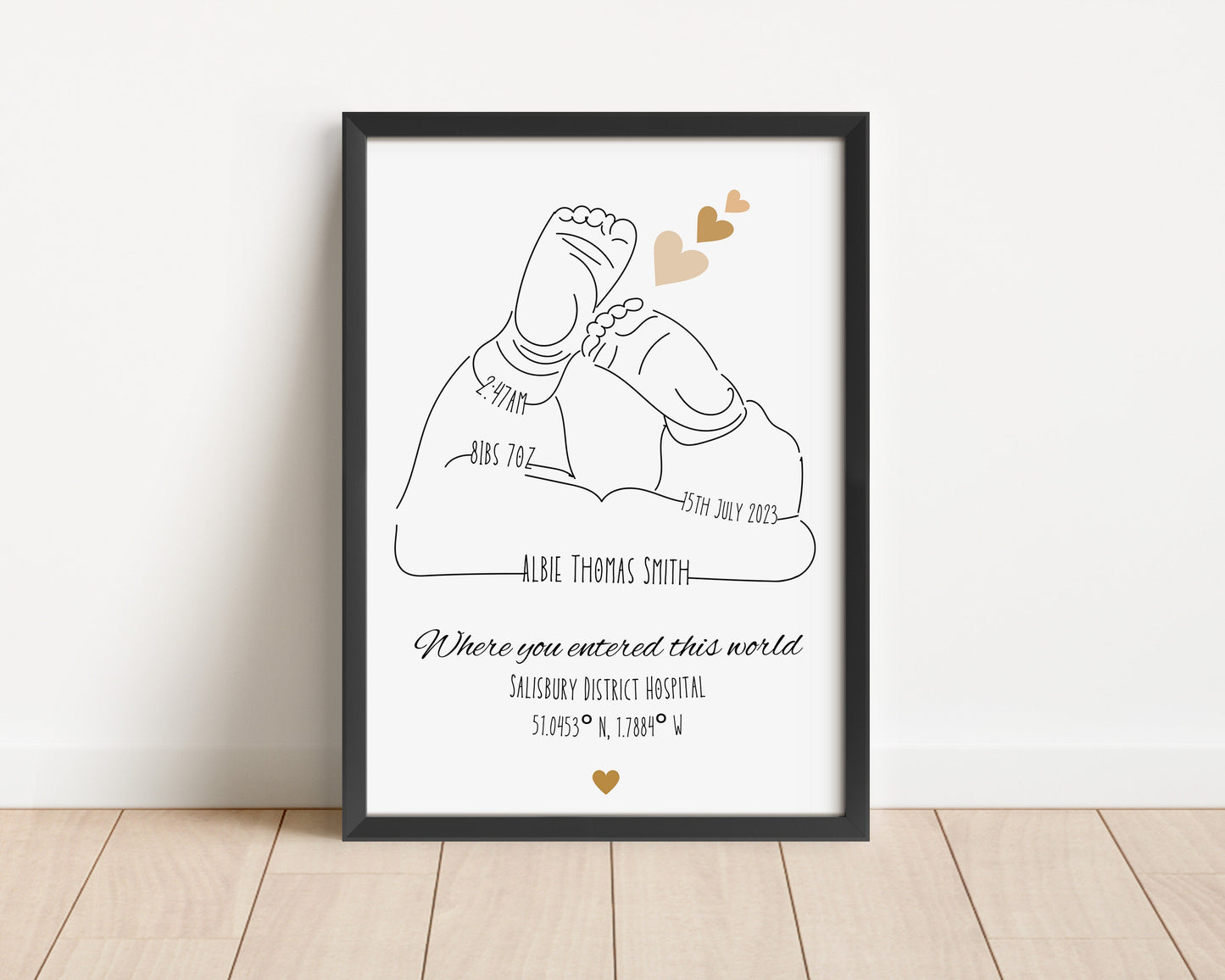 Personalised Baby Birth Print: Minimalist Line Art, Birth Stats Decor