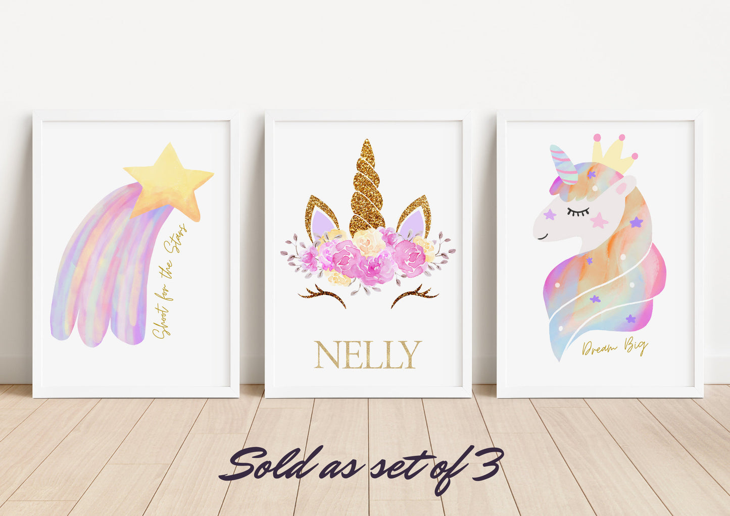 Personalised Unicorn Rainbow Nursery Prints: Set of 3 Pastel Style Wall Art