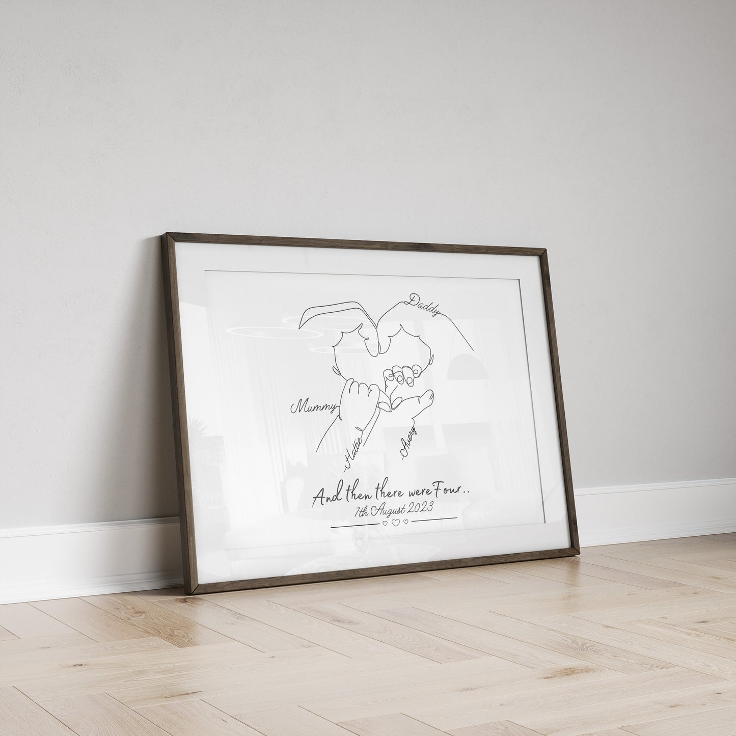 A framed black and white line drawing of four hands forming a heart shape. The hands are labeled &#39;Daddy&#39;, &#39;Mommy&#39;, &#39;child&#39;s name&#39;. The text below the drawing reads &#39;And then there were four... then the date.
