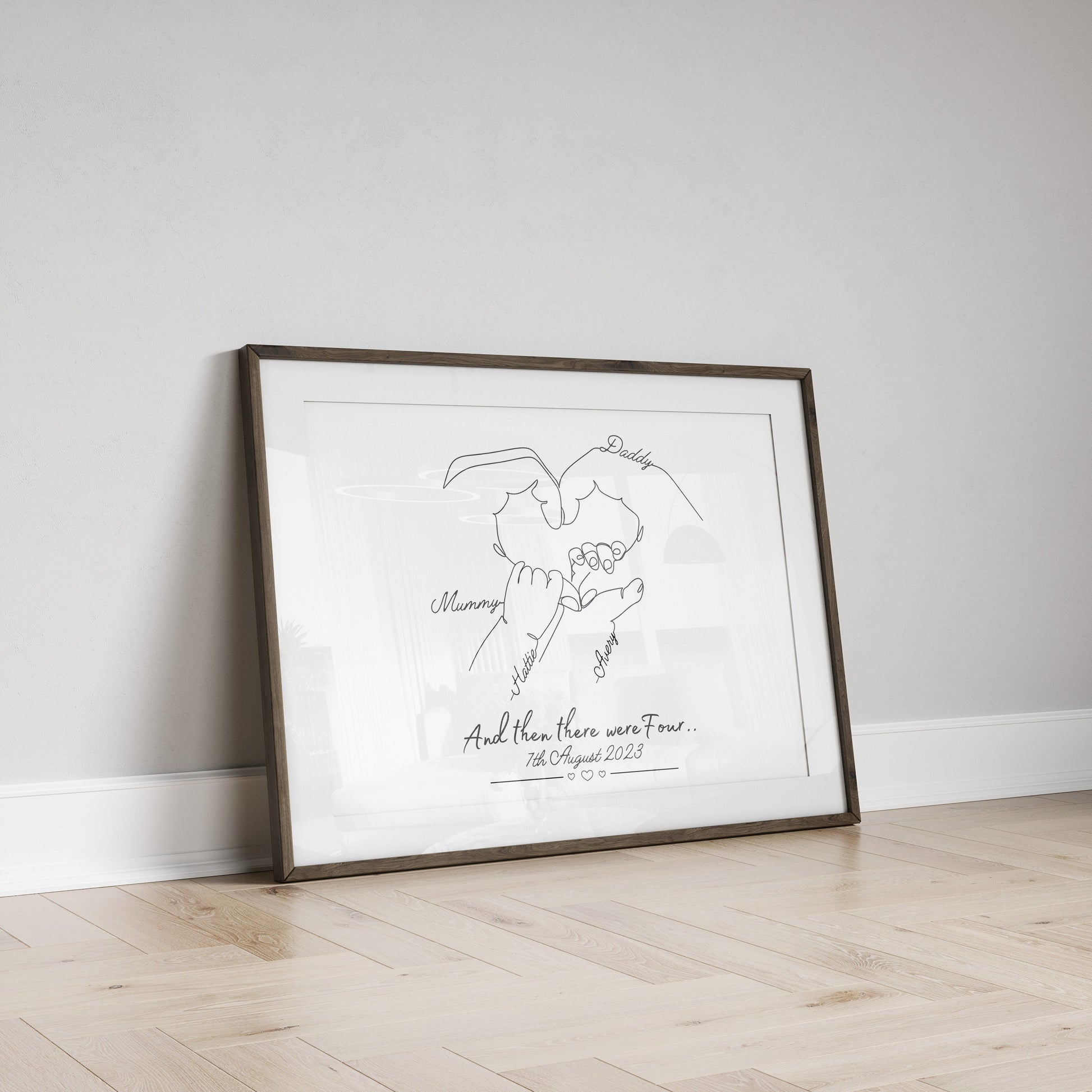A framed black and white line drawing of four hands forming a heart shape. The hands are labeled &#39;Daddy&#39;, &#39;Mommy&#39;, &#39;child&#39;s name&#39;. The text below the drawing reads &#39;And then there were four... then the date.