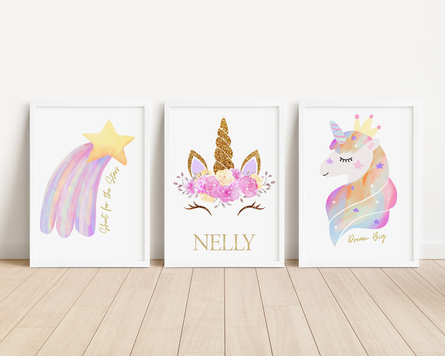 Personalised Unicorn Rainbow Nursery Prints: Set of 3 Pastel Style Wall Art