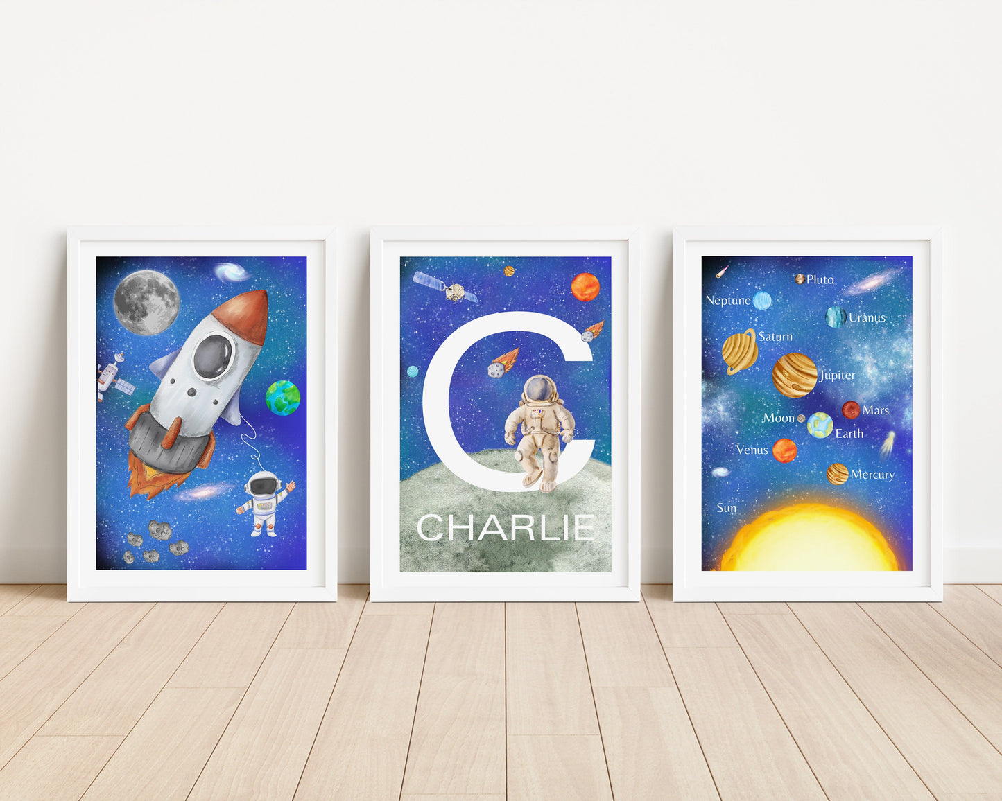 Personalised Space Nursery Print Set, Solar System, Rocket, Astronaut (PDF)