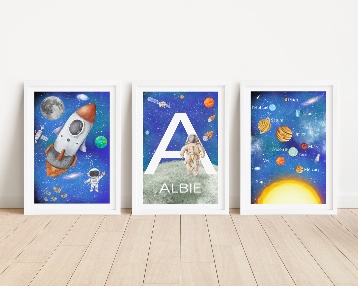 Personalised Space Nursery Print Set, Solar System, Rocket, Astronaut (PDF)