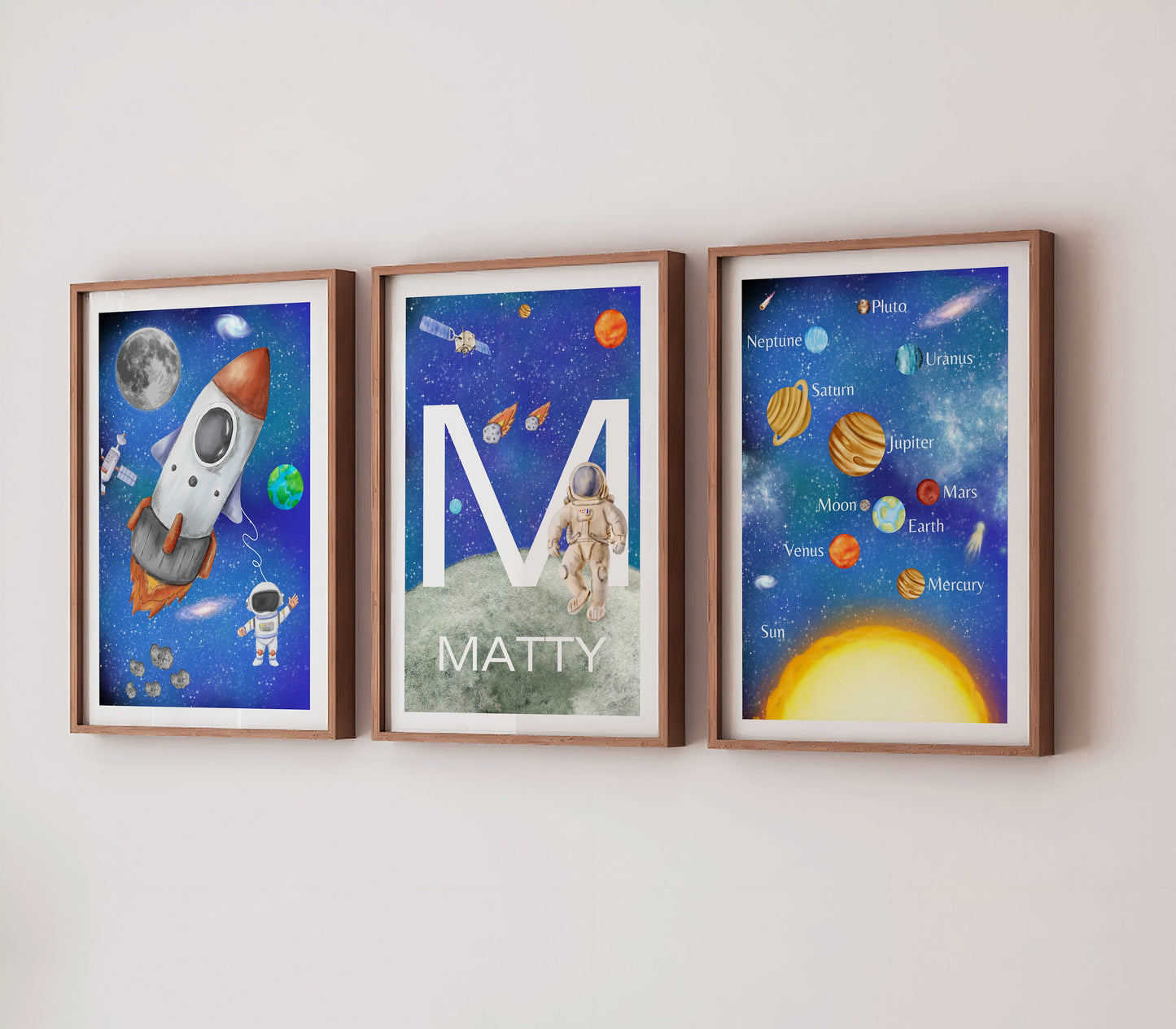 Personalised Space Nursery Print Set, Solar System, Rocket, Astronaut (PDF)