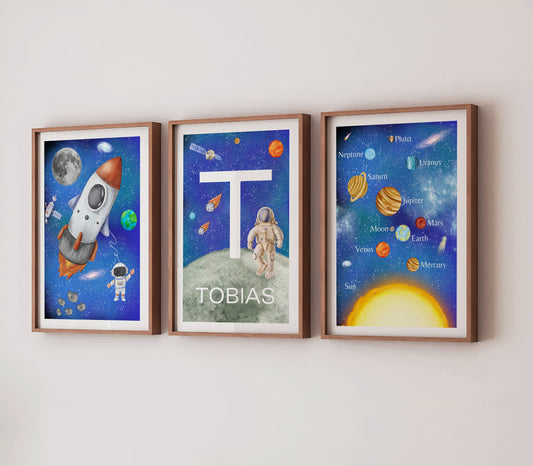 Personalised Space Nursery Print Set, Solar System, Rocket, Astronaut (PDF)
