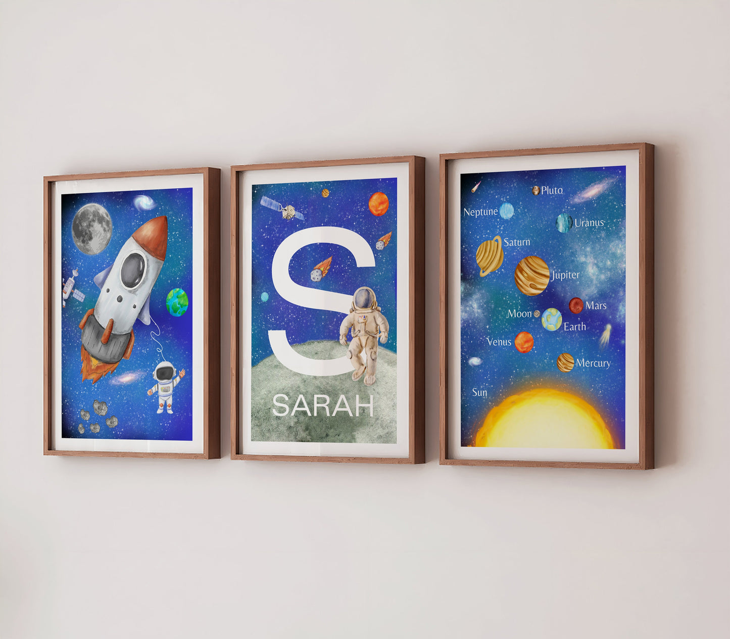 Personalised Space Nursery Print Set, Solar System, Rocket, Astronaut (PDF)