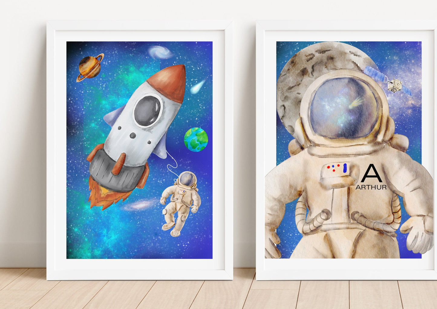 Personalised Space Nursery Art Prints: Rocket, Moon, Stars, Galaxy Decor (Set of 3)
