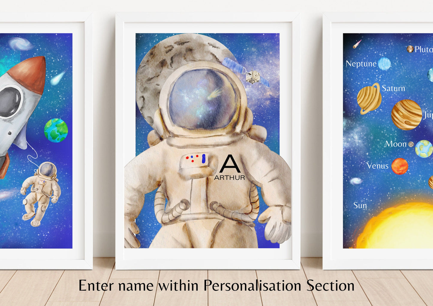 Personalised Space Nursery Art Prints: Rocket, Moon, Stars, Galaxy Decor (Set of 3)