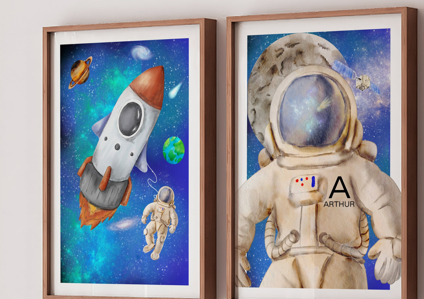 Personalised Space Nursery Art Prints: Rocket, Moon, Stars, Galaxy Decor (Set of 3)
