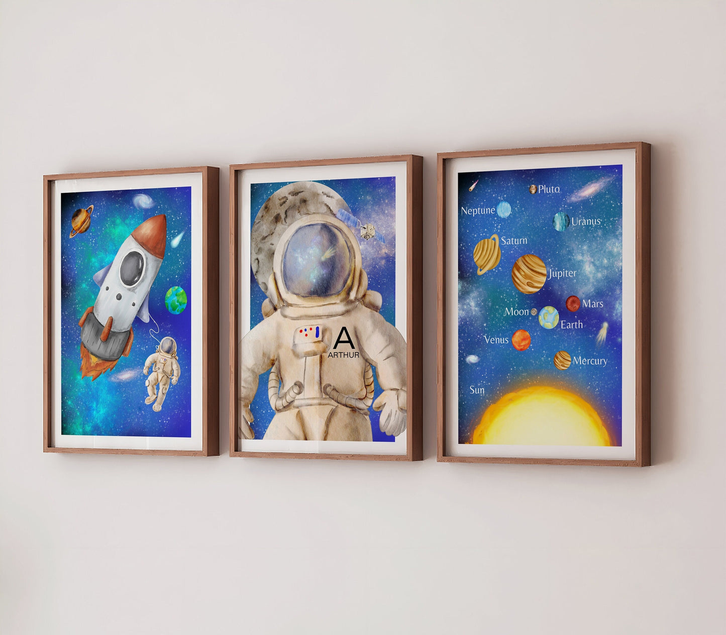 Personalised Space Print Set, Astronaut & Solar System Art