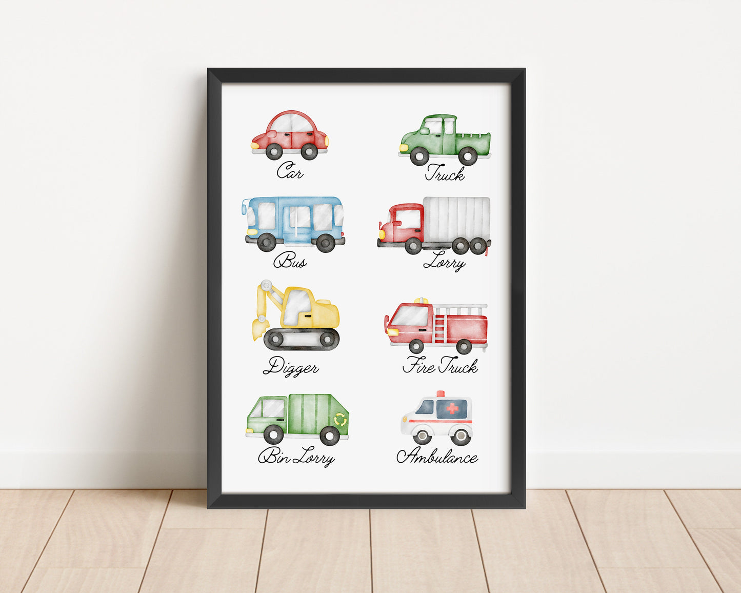 Personalised Vehicle Print Set: Watercolour Car Theme Nursery Art (PDF)
