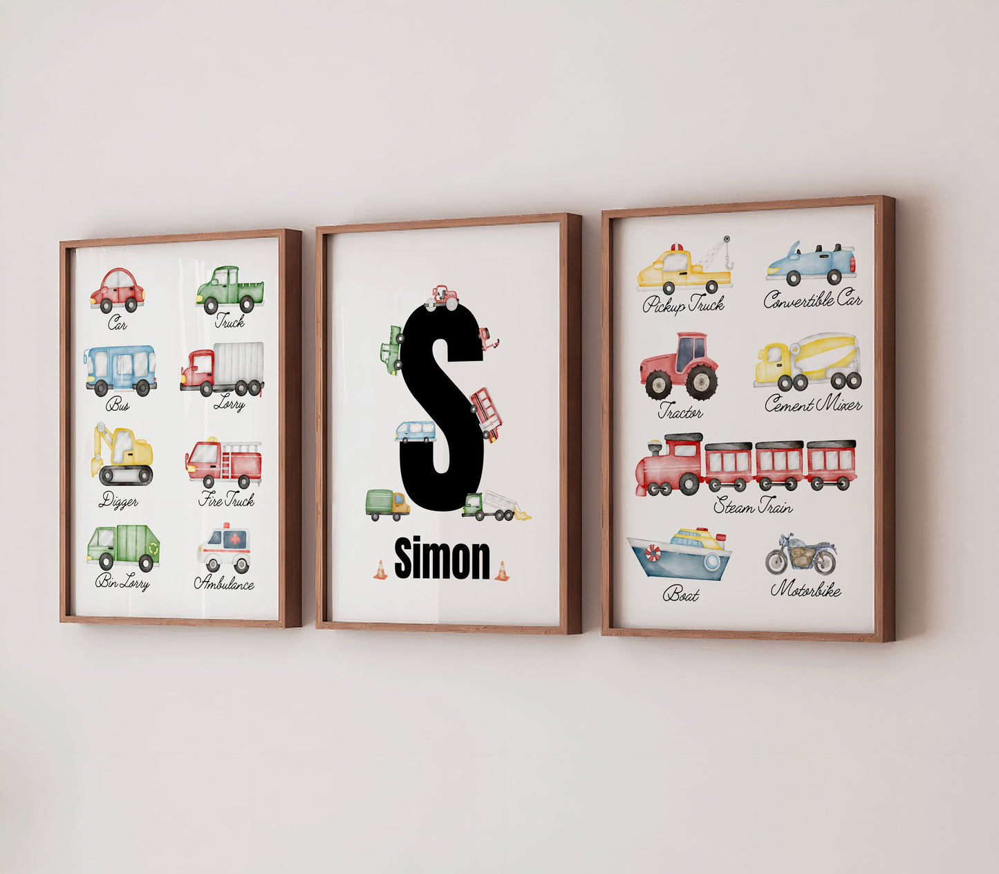 Personalised Vehicle Print Set: Watercolour Car Theme Nursery Art (PDF)