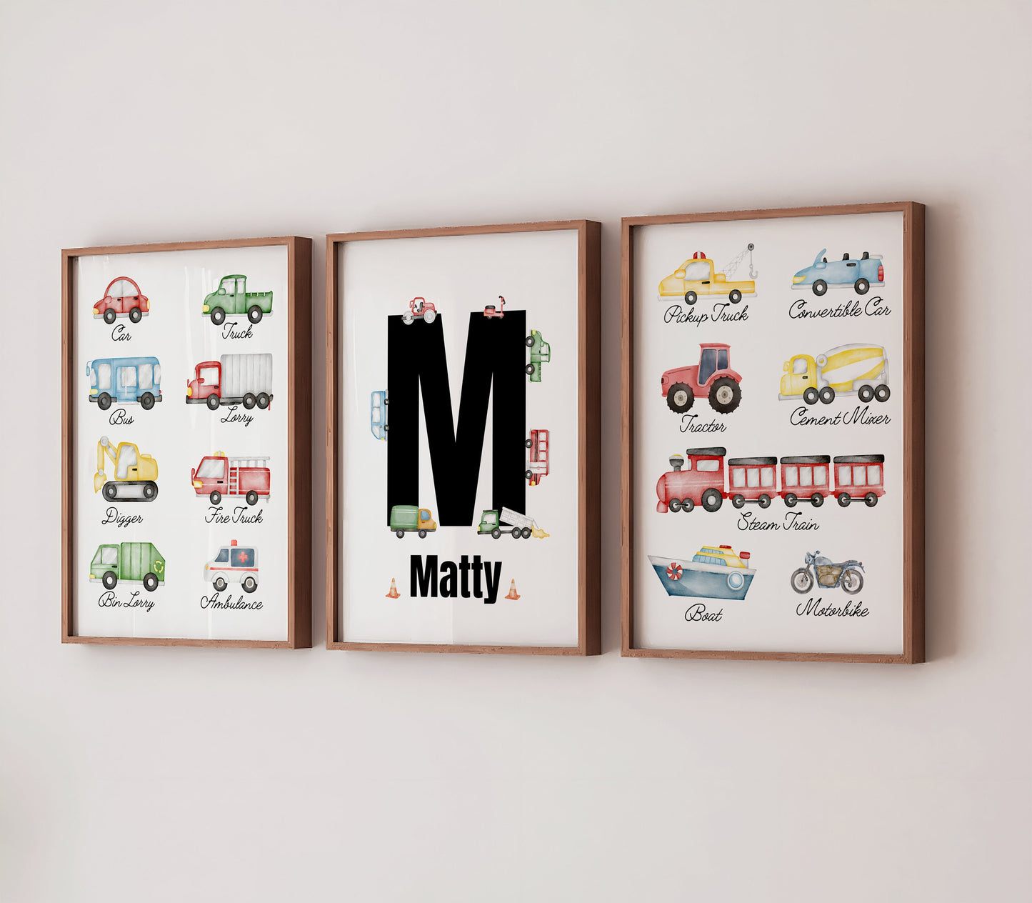 Personalised Vehicle Print Set: Watercolour Car Theme Nursery Art (PDF)