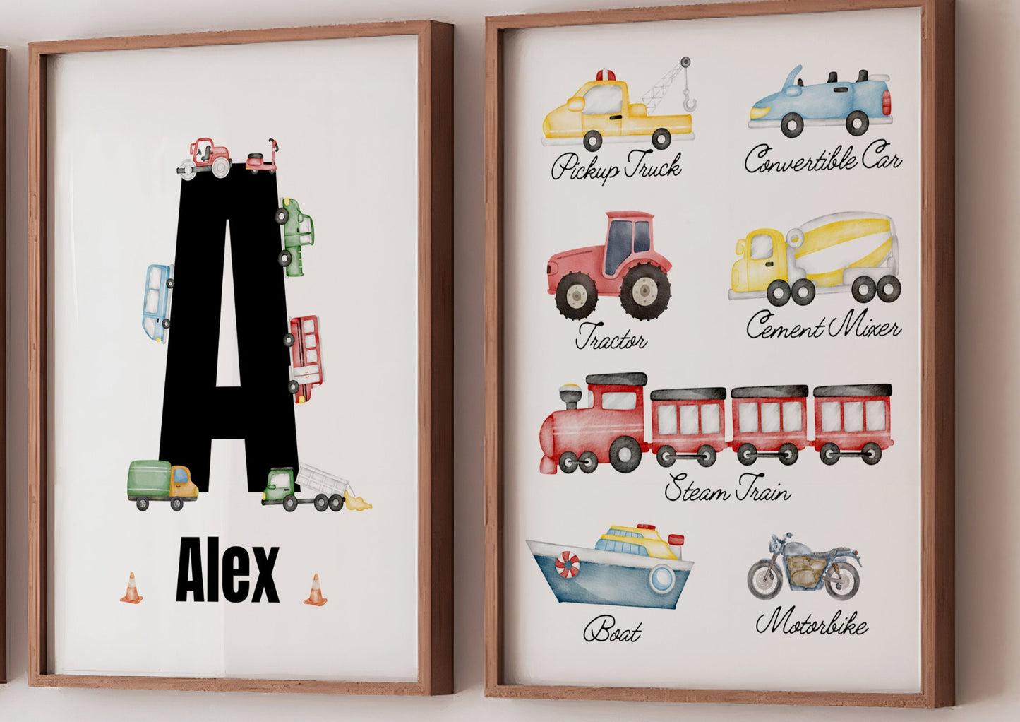 Personalised Vehicle Print Set: Watercolour Car Theme Nursery Art (PDF)