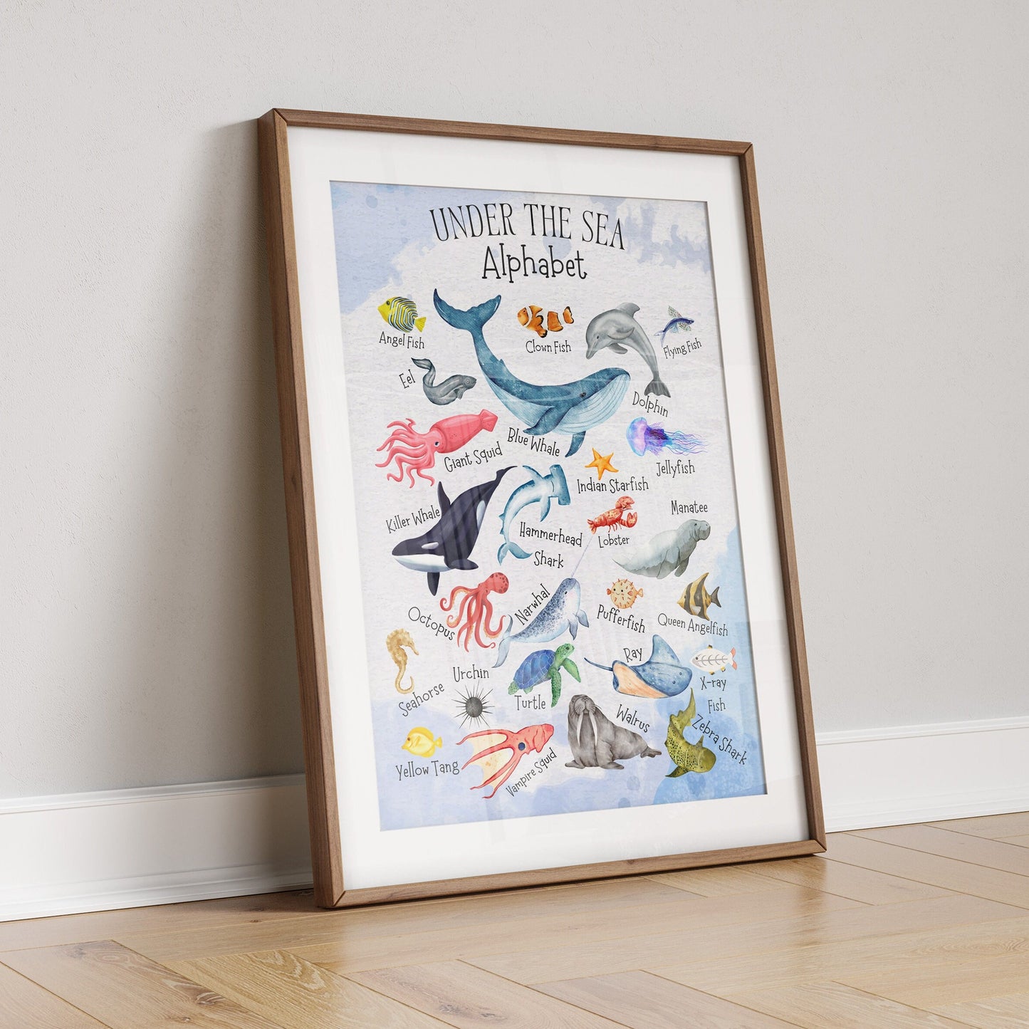 Ocean Alphabet Poster: Watercolour Sea Animals Nursery Art Print