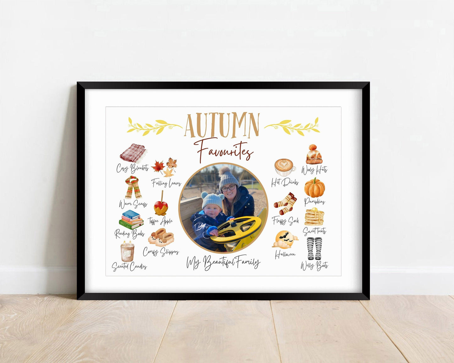 Autumn watercolour print listing all of your favourite reasons you love Autumn. Vibrant Autumnal colours surrounding a photo of your choice with the caption &#39;my beautiful family&#39;.