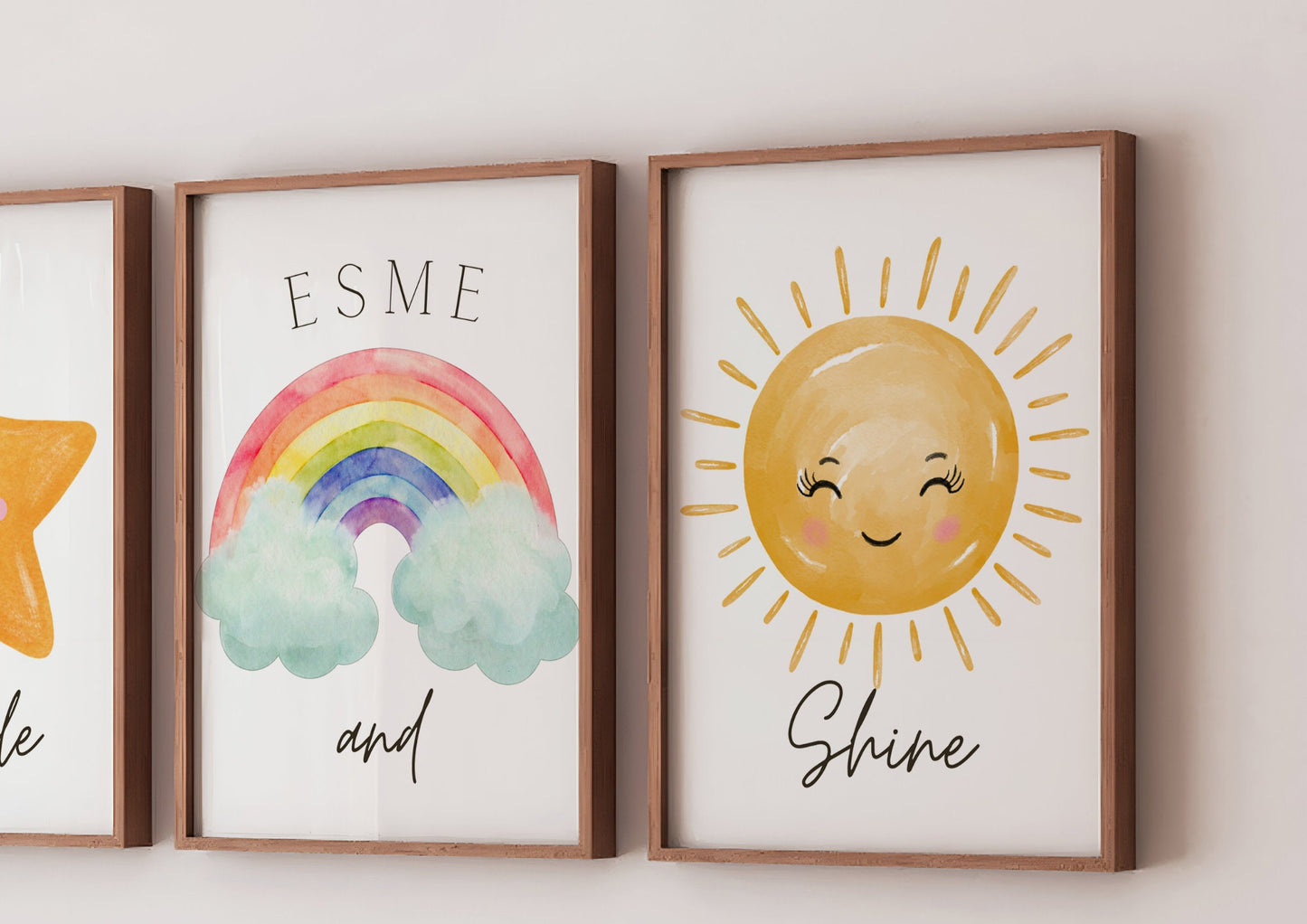 Personalised Nursery Prints Set of 3, Watercolor Star Rainbow Sun, Sparkle and Shine, Baby Girl Wall Art, Custom Name Nursery Decor Bedroom