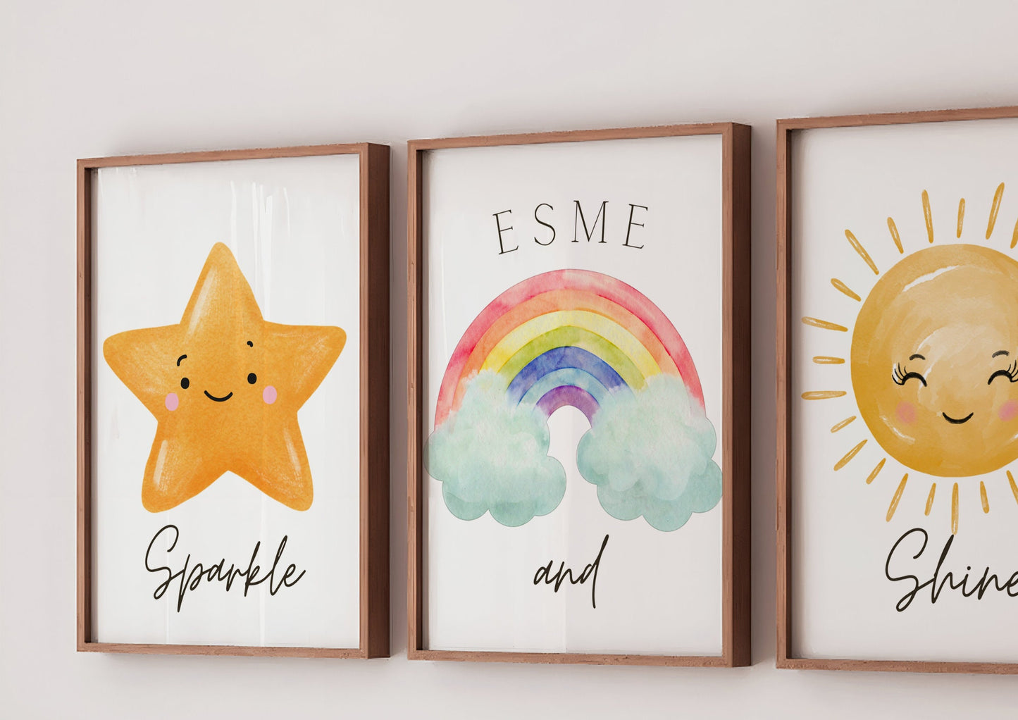 Personalised Nursery Prints Set of 3, Watercolor Star Rainbow Sun, Sparkle and Shine, Baby Girl Wall Art, Custom Name Nursery Decor Bedroom