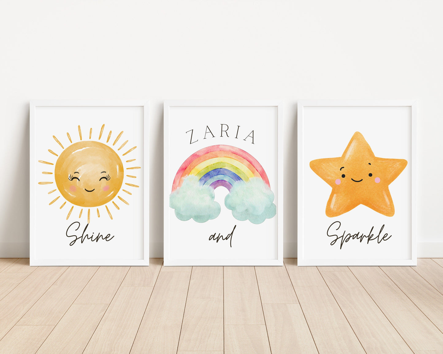 Personalised Star and Rainbow Prints Set of 3, Watercolor Star Rainbow Sun, Sparkle and Shine, Baby Girl Wall Art, Nursery Decor Bedroom