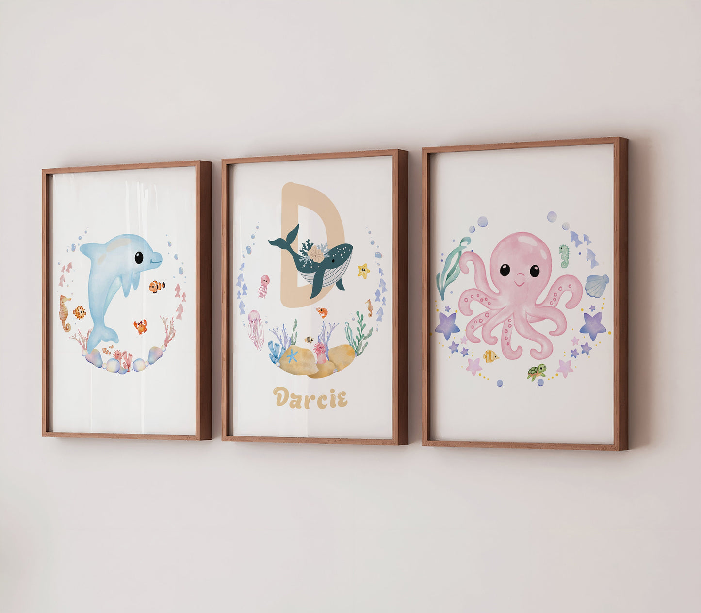 Personalised Ocean Nursery Prints: Pastel Sea Life Wall Art Set