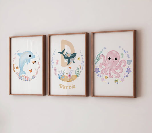 Personalised Ocean Nursery Prints: Pastel Sea Life Wall Art Set