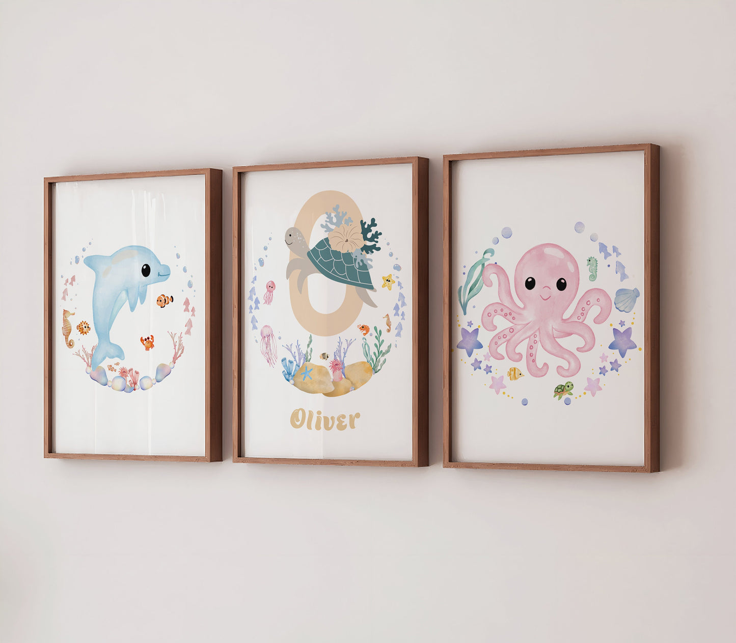 Personalised Ocean Nursery Prints: Pastel Sea Life Wall Art Set