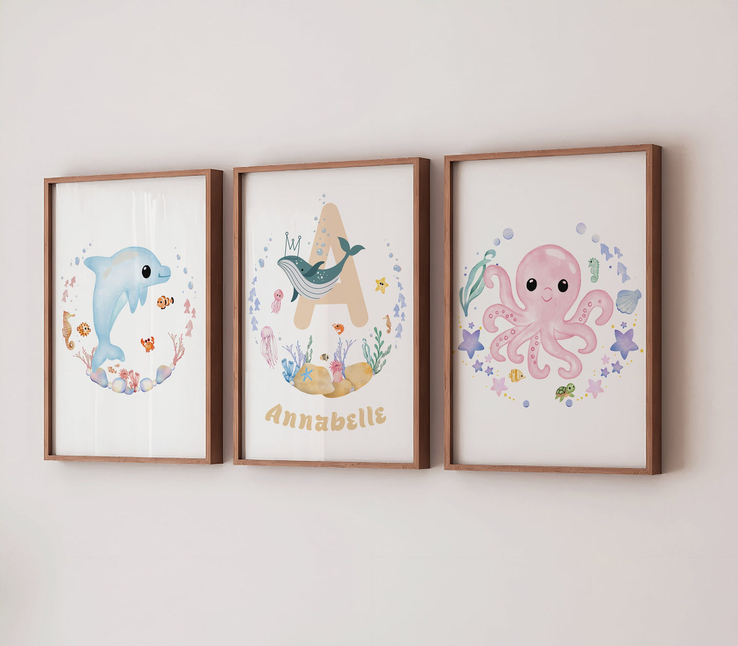 Personalised Ocean Nursery Prints: Pastel Sea Life Wall Art Set