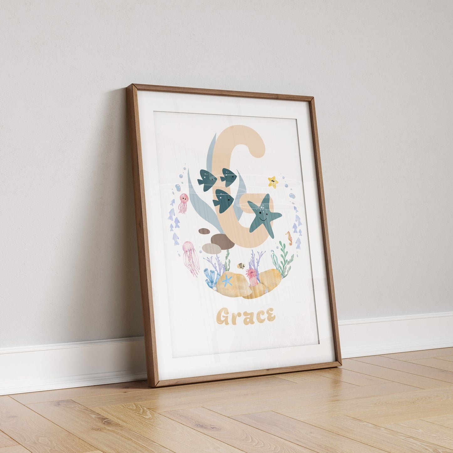 Personalised Ocean Nursery Prints: Pastel Sea Life Wall Art Set