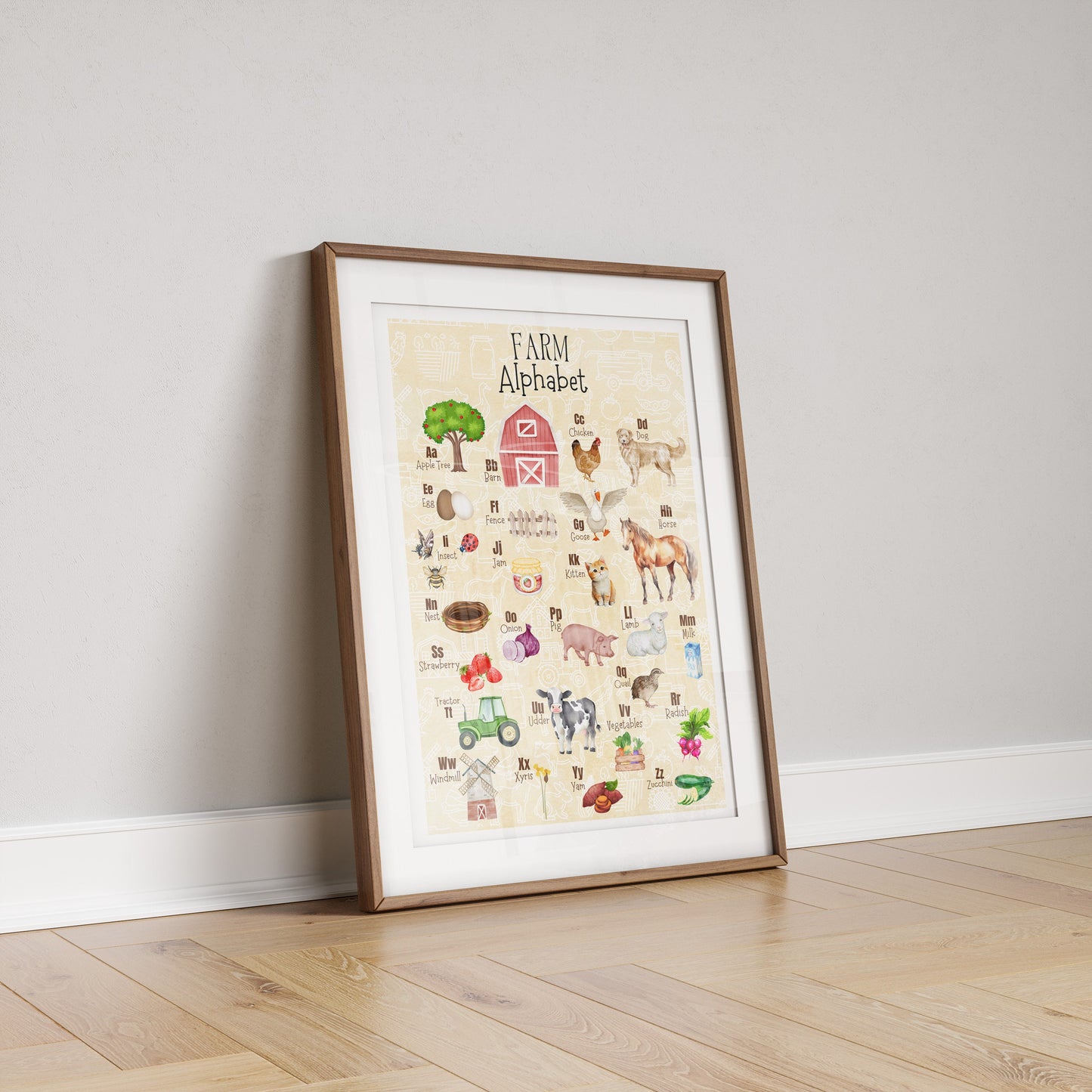 Farm Alphabet Poster: Watercolor Nursery Print, Farm Animals