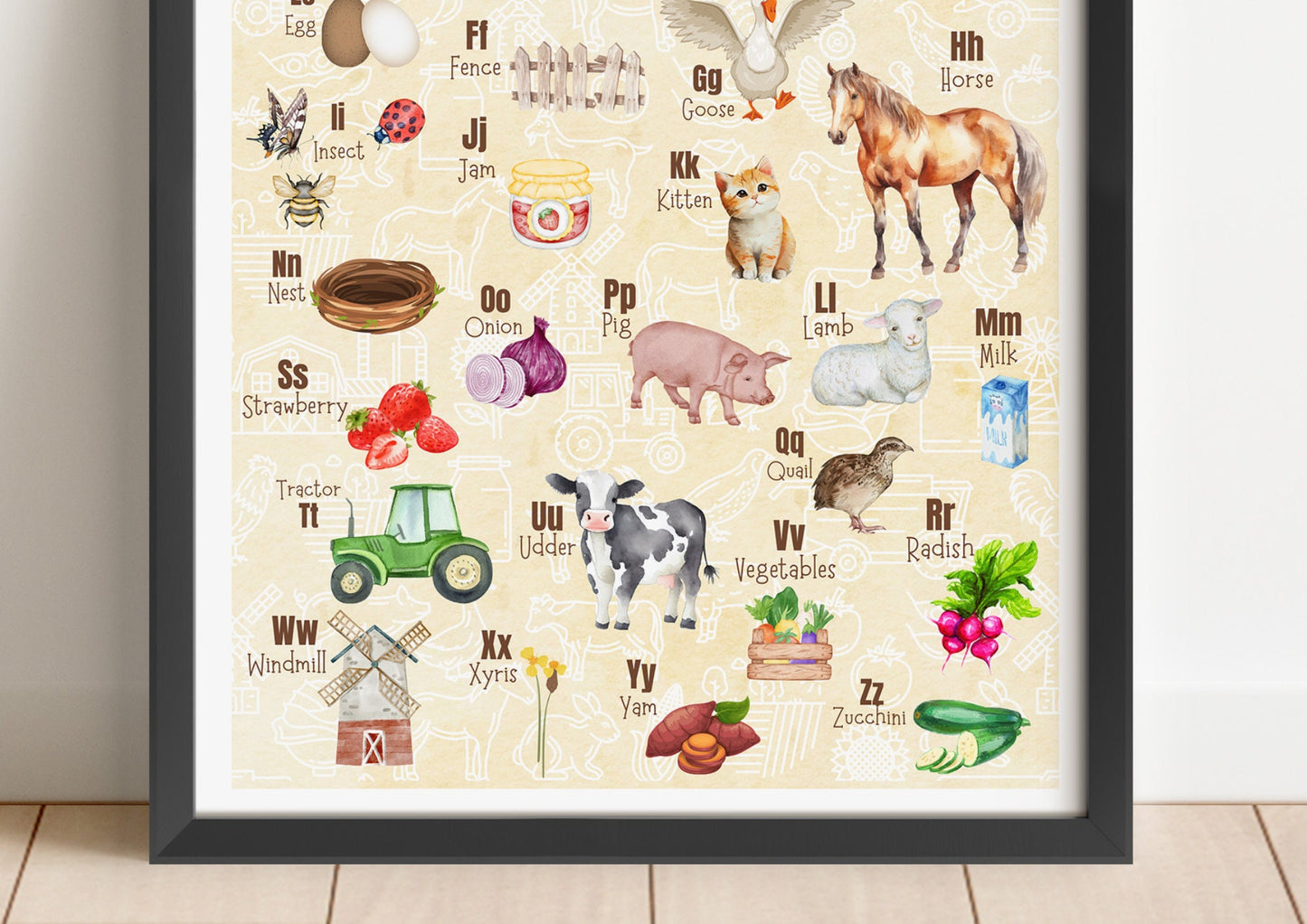 Farm Alphabet Poster: Watercolor Nursery Print, Farm Animals