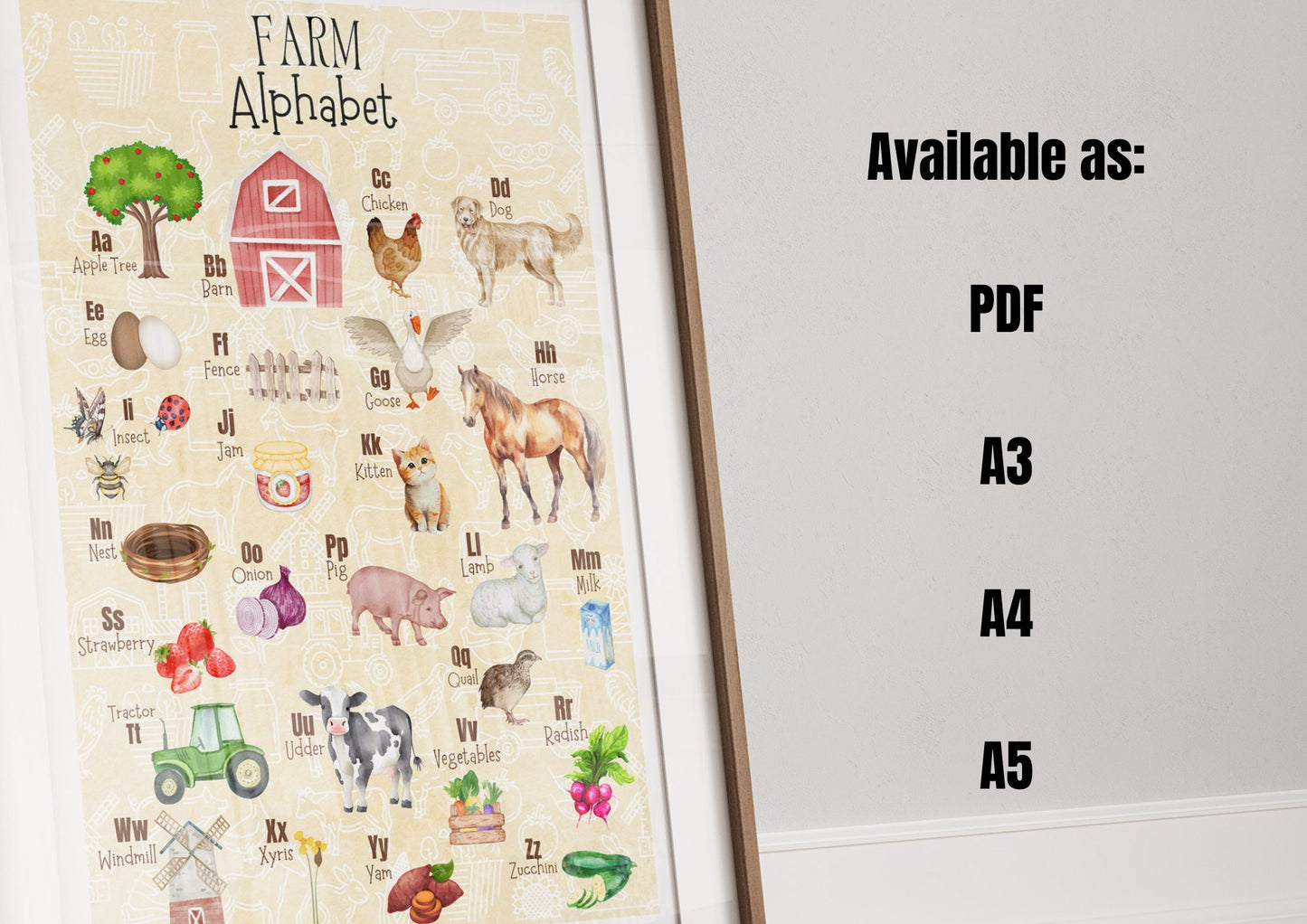 Farm Alphabet Poster: Watercolor Nursery Print, Farm Animals