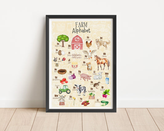 Farm Alphabet Poster: Watercolor Nursery Print, Farm Animals