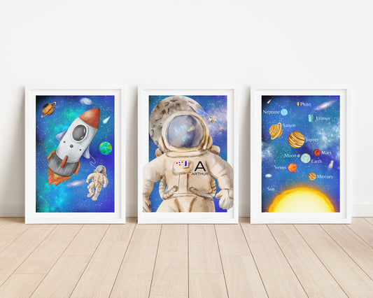 Personalised Space Nursery Art Prints: Rocket, Moon, Stars, Galaxy Decor (Set of 3)