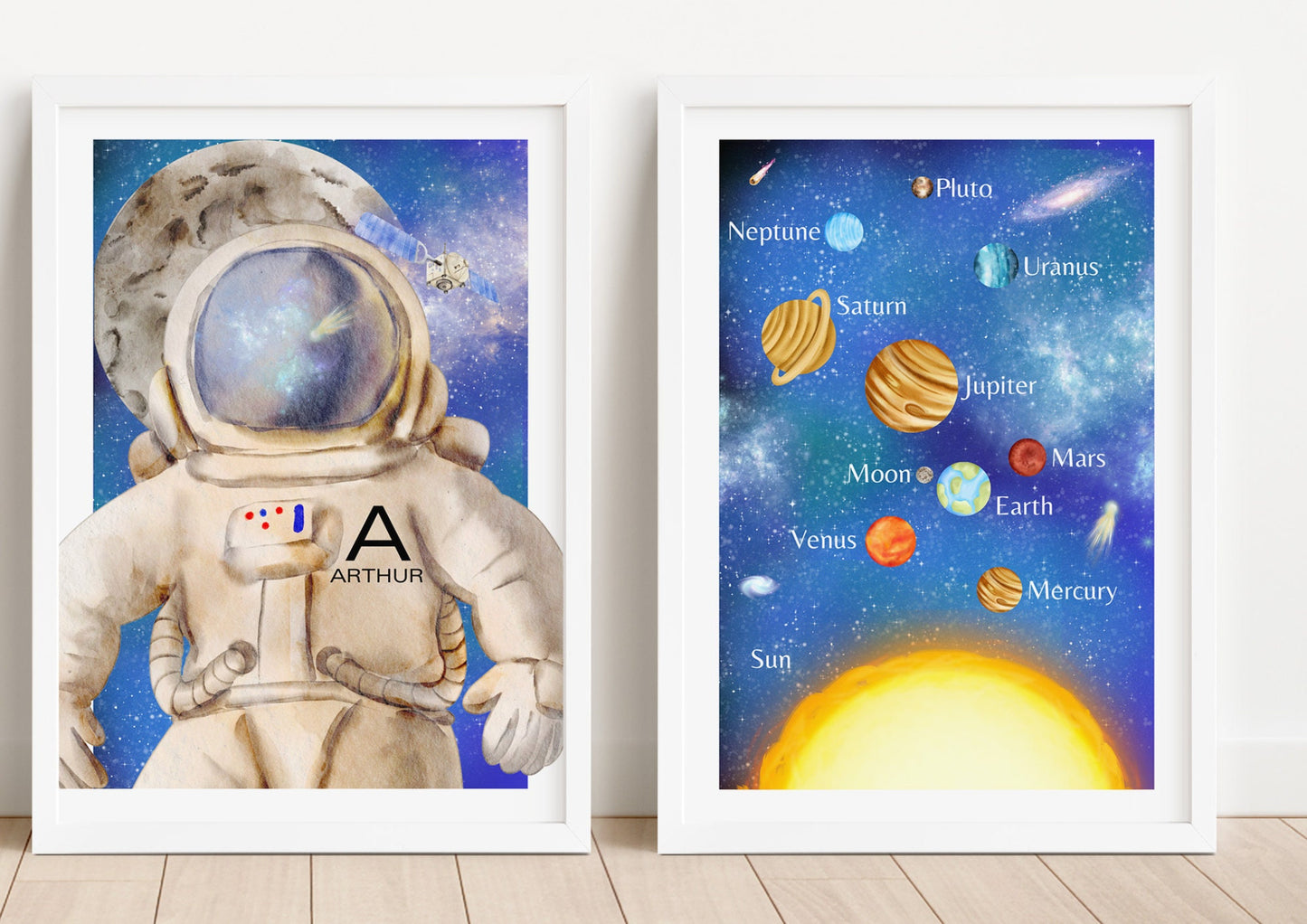 Personalised Space Nursery Art Prints: Rocket, Moon, Stars, Galaxy Decor (Set of 3)