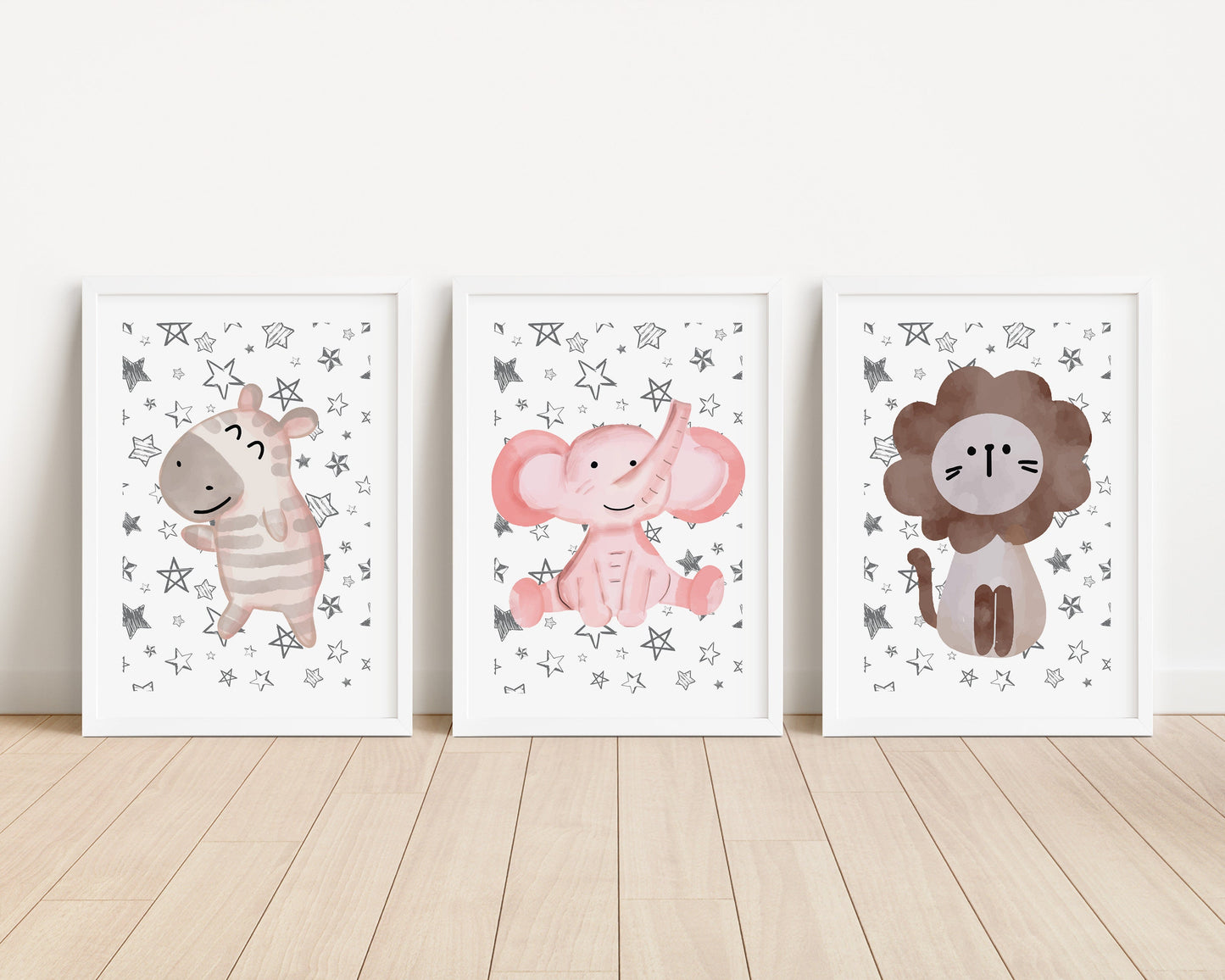 Safari Animals Nursery Print Set: Pastel Lion, Zebra, Elephant