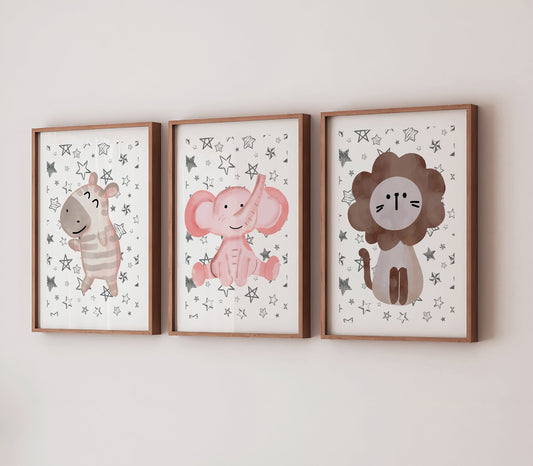 Safari Animals Nursery Print Set: Pastel Lion, Zebra, Elephant