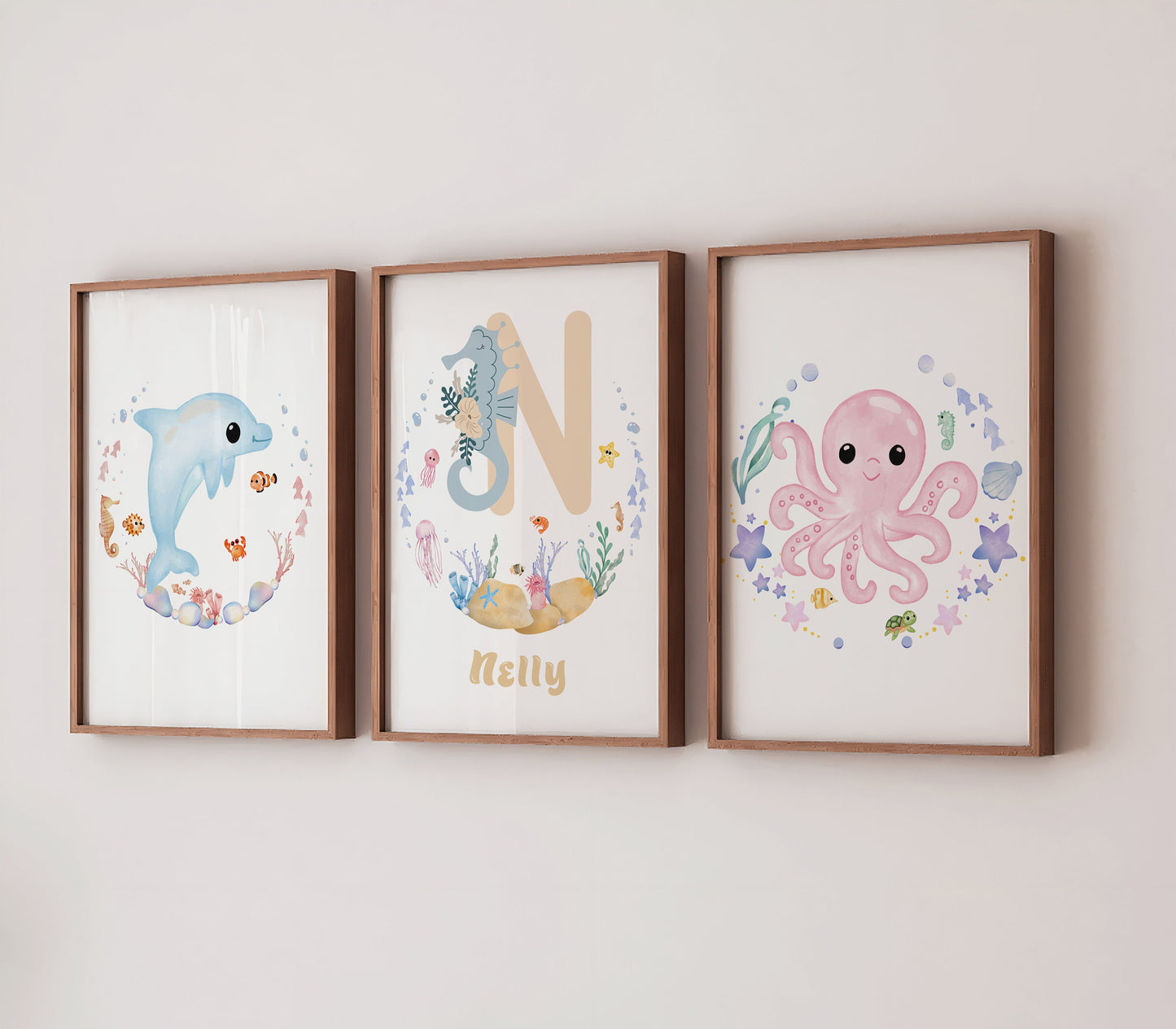 Personalised Ocean Nursery Prints: Pastel Sea Life Wall Art Set
