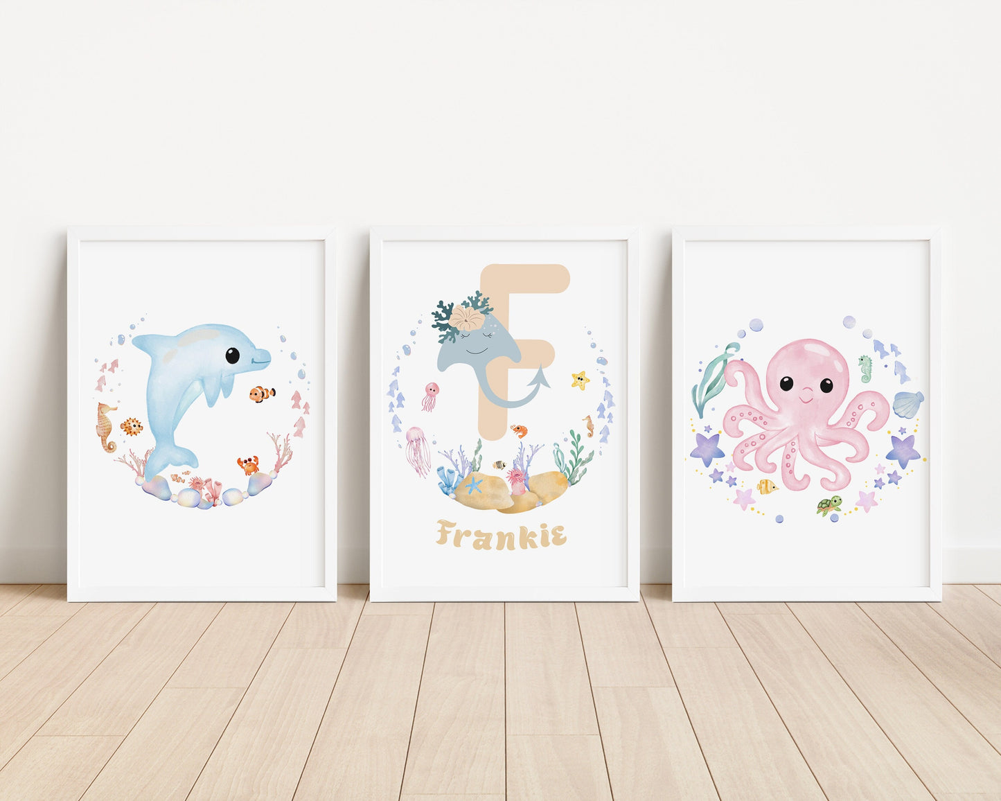 Personalised Ocean Nursery Prints: Pastel Sea Life Wall Art Set