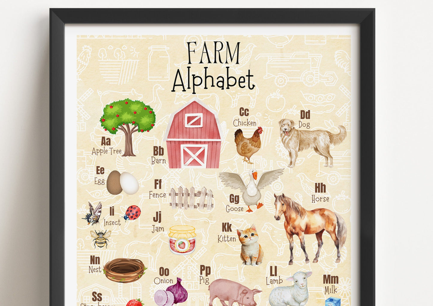 Farm Alphabet Poster: Watercolor Nursery Print, Farm Animals